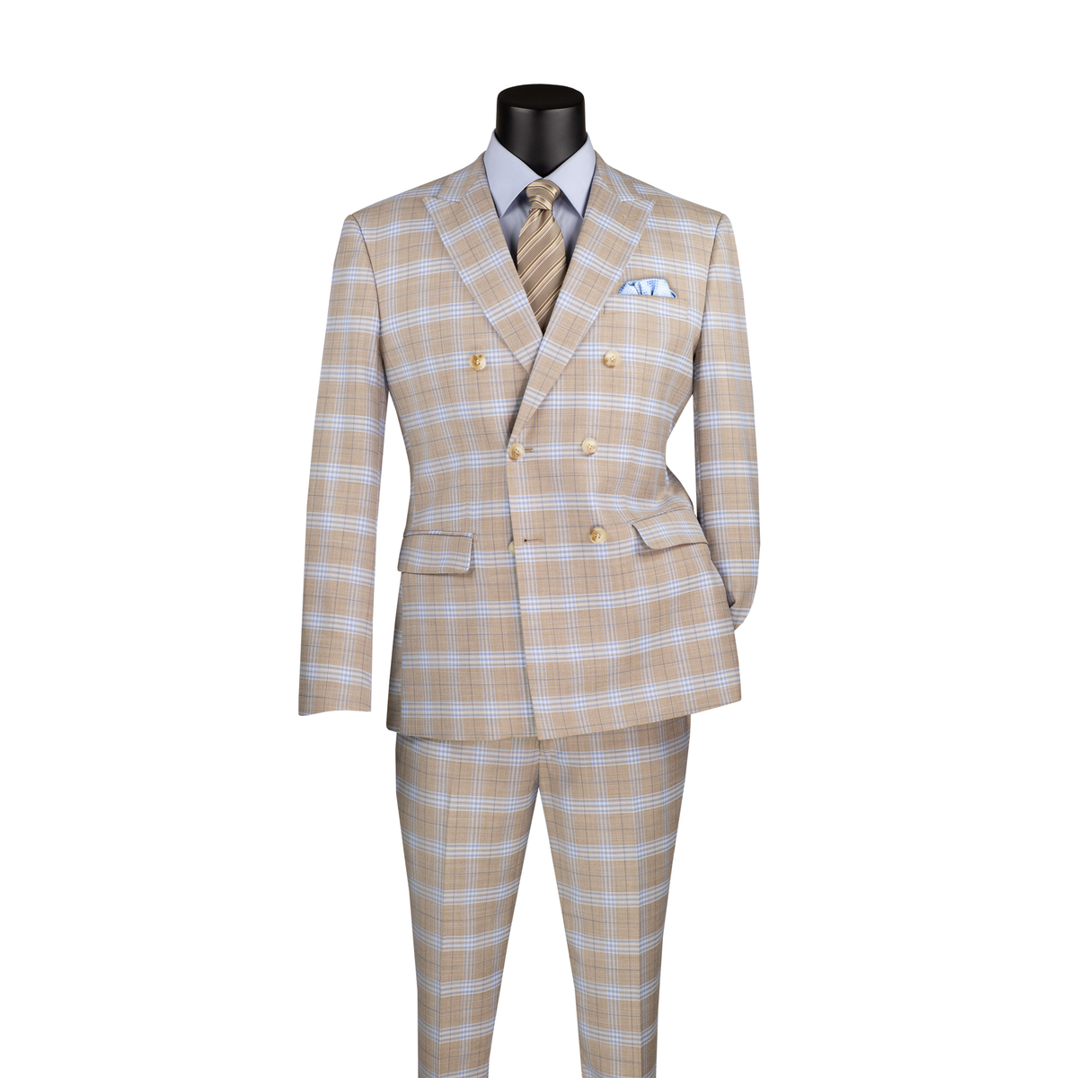 Tan plaid double-breasted suit with peak lapels and matching trousers, front view.