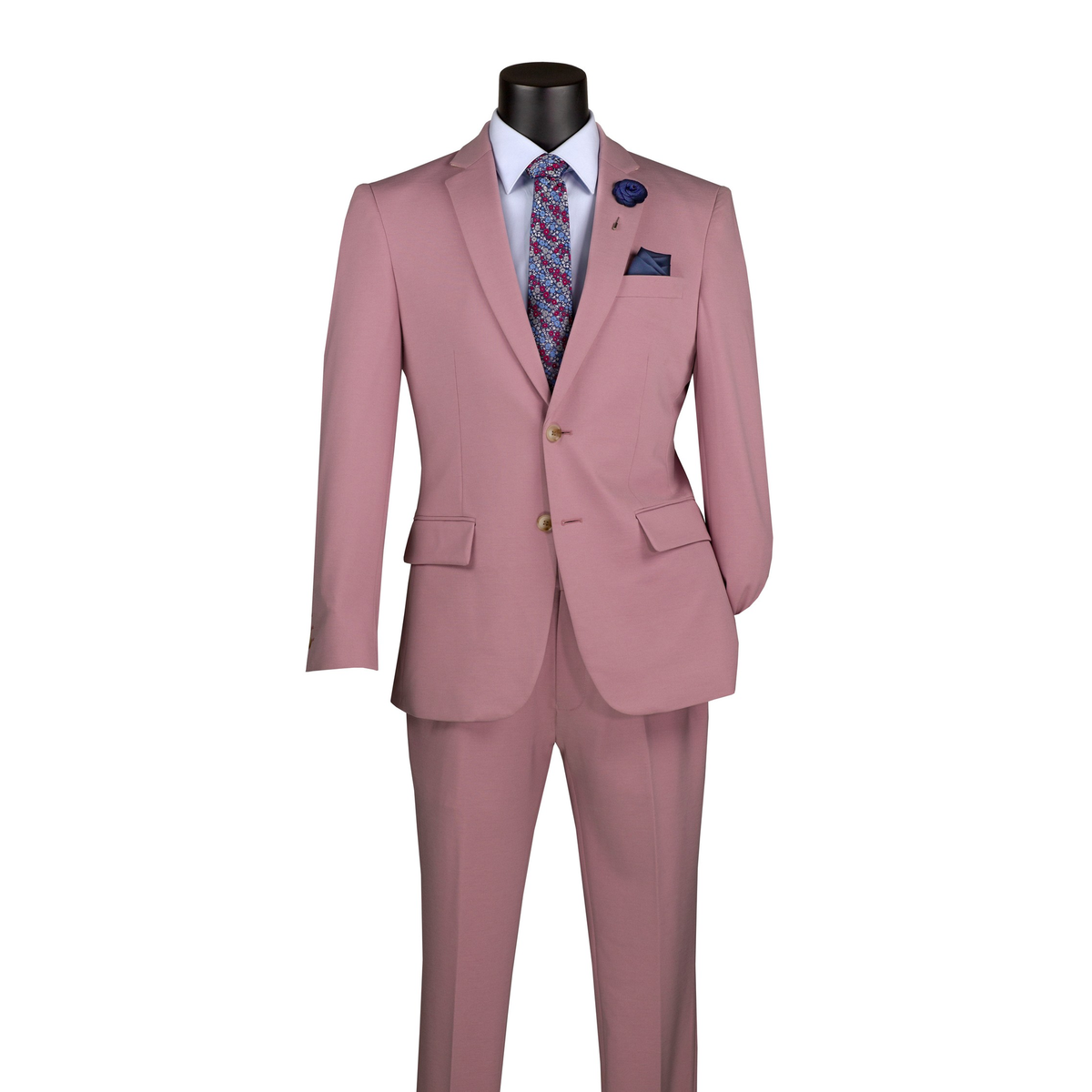 Pink slim-fit suit with a two-button notch-lapel jacket and matching trousers, front view.