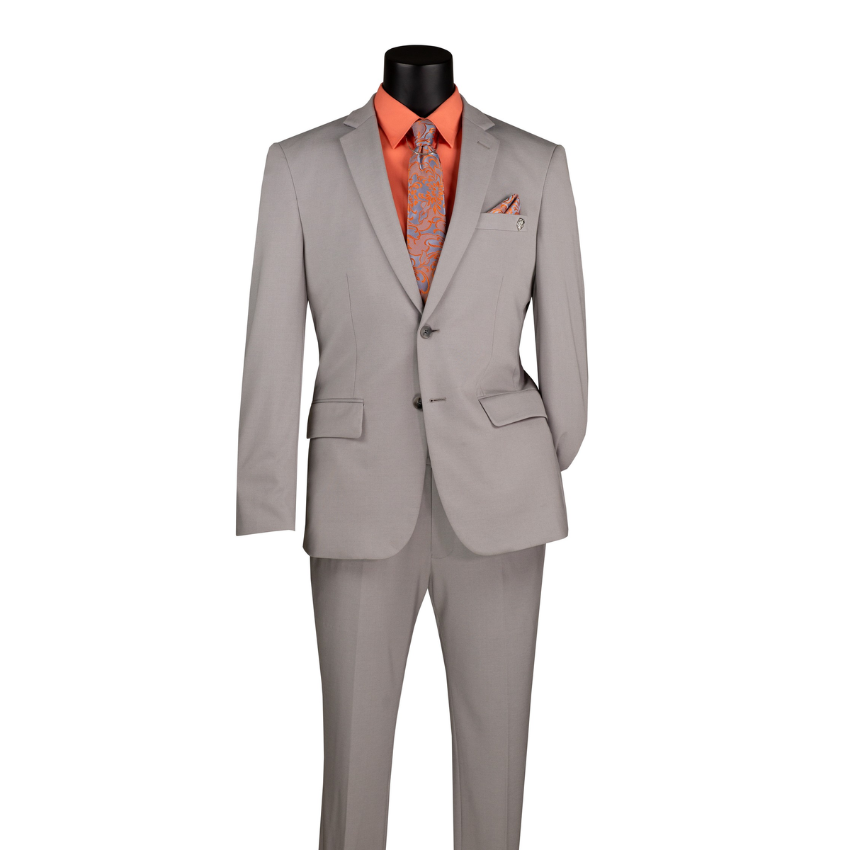 Silver gray slim-fit suit with a two-button notch-lapel jacket and matching trousers, front view.