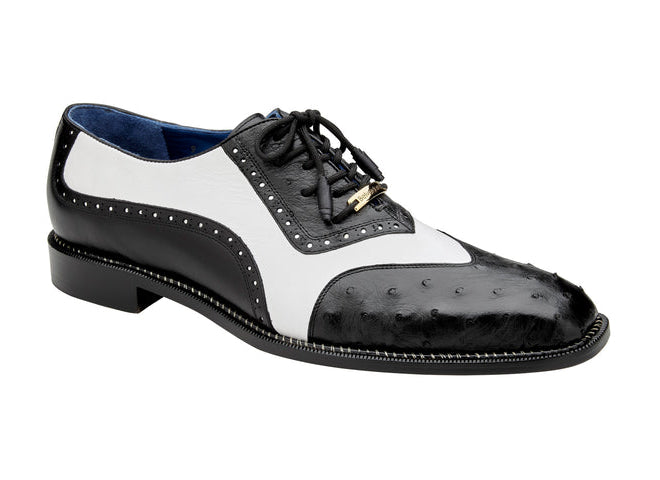 Ostrich Quill and Italian Leather Wing Tip Shoes for Men in Black/Whit