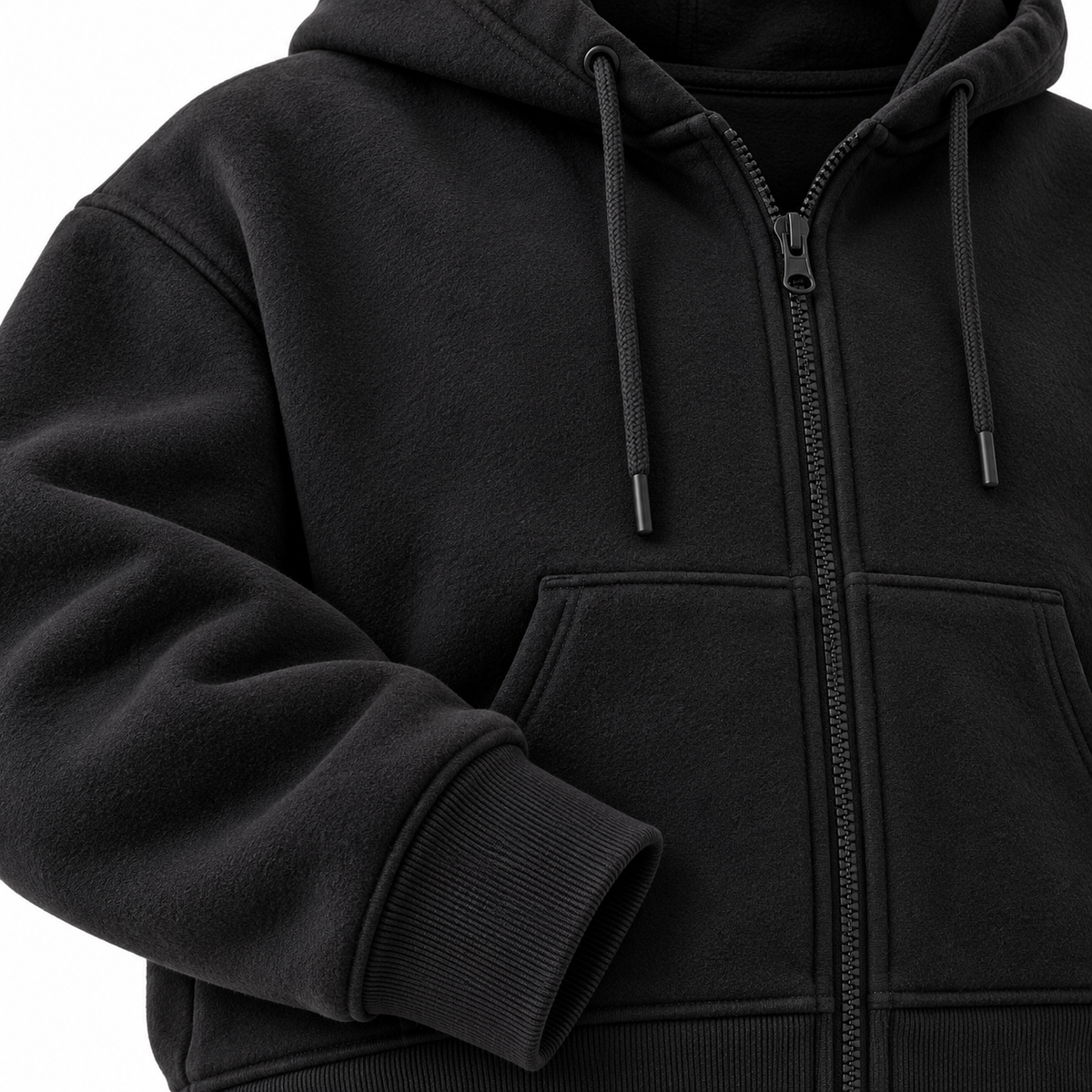 Black fleece cargo tracksuit - fabric and jacket detail