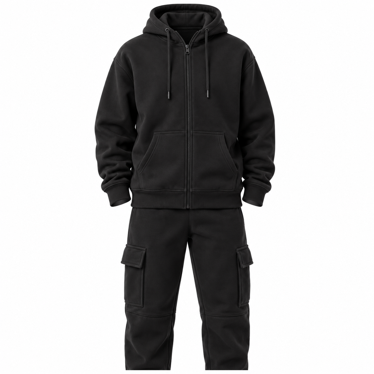 Black fleece cargo tracksuit - front product view