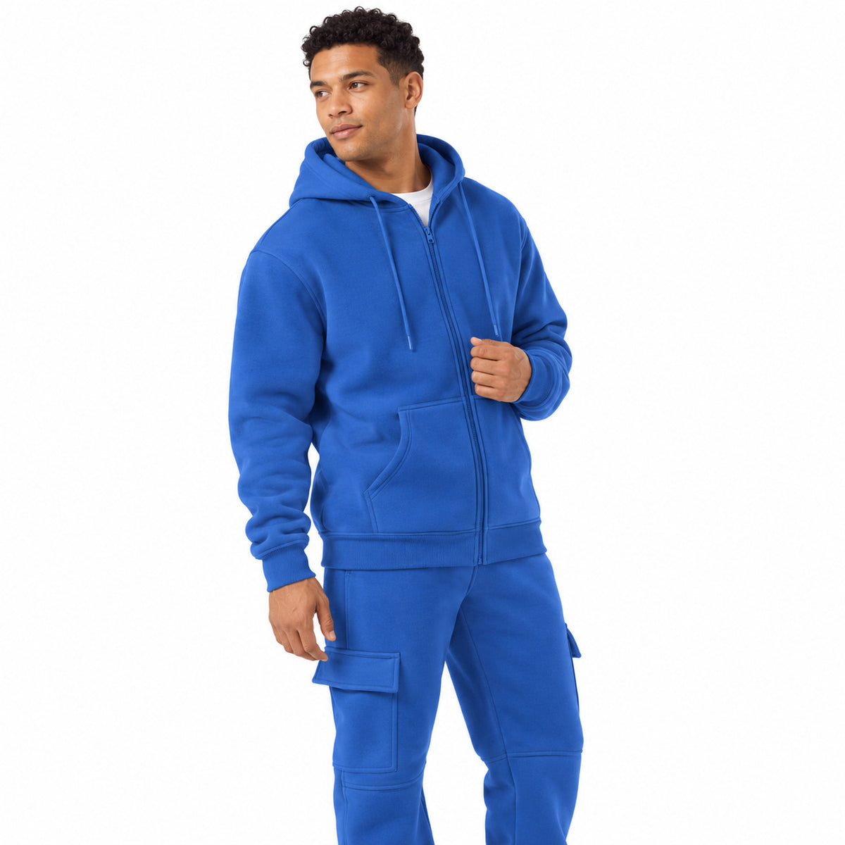 Blue fleece cargo tracksuit - worn front view