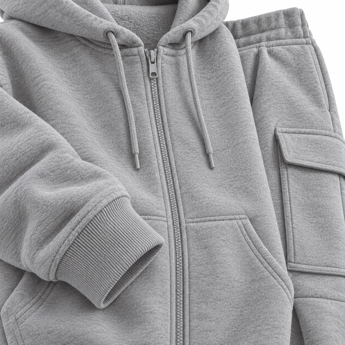 Grey fleece cargo tracksuit - fabric and jacket detail