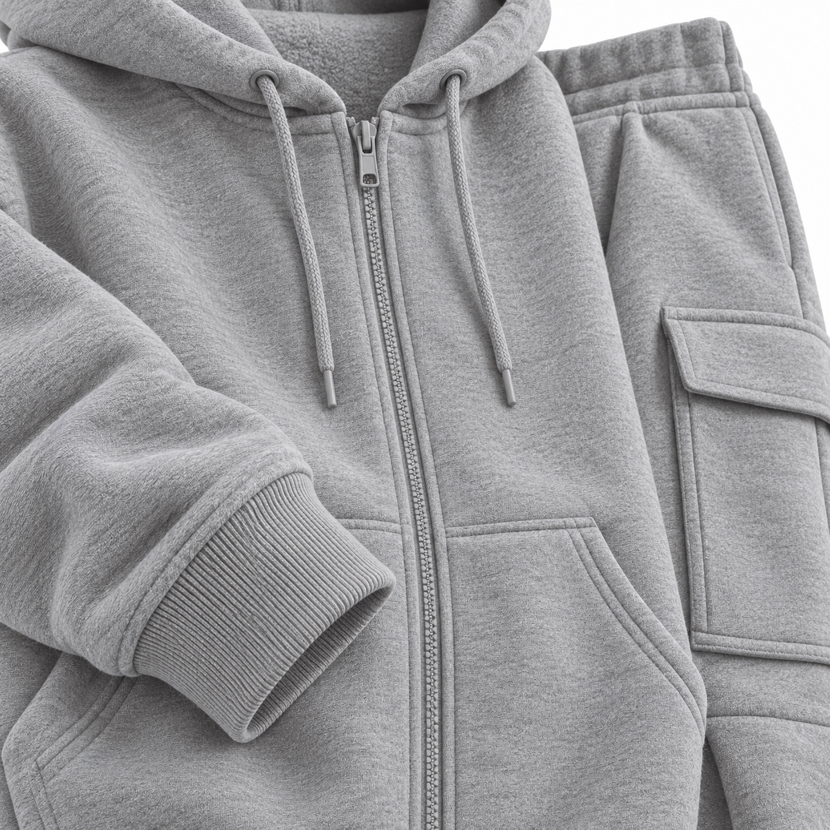 Grey fleece cargo tracksuit - fabric and jacket detail