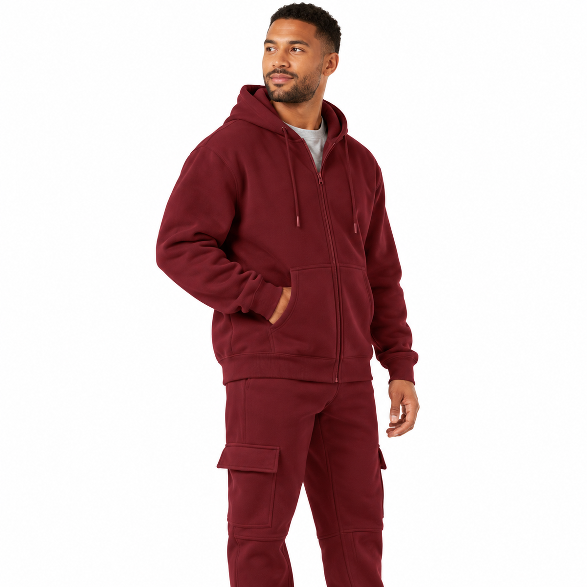 Oxblood fleece cargo tracksuit - worn front view
