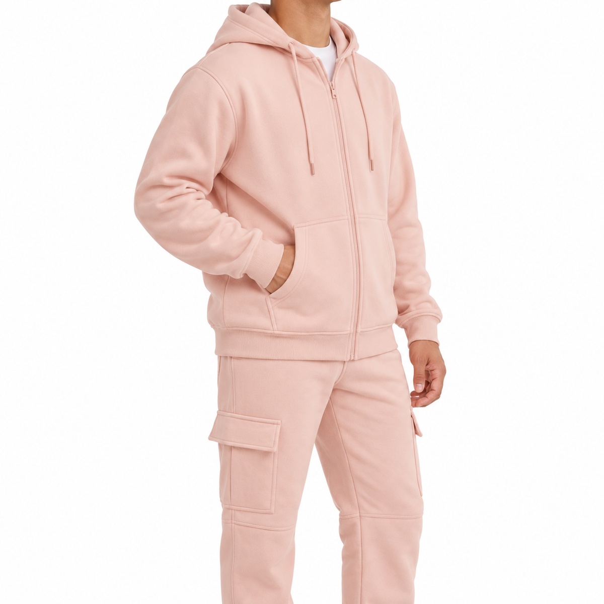 Pink fleece cargo tracksuit - worn front view