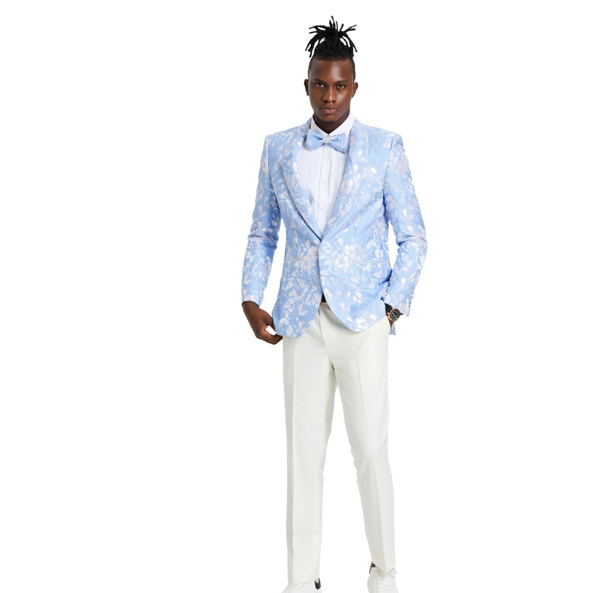 Sky/Silver shawl collar blazer on model