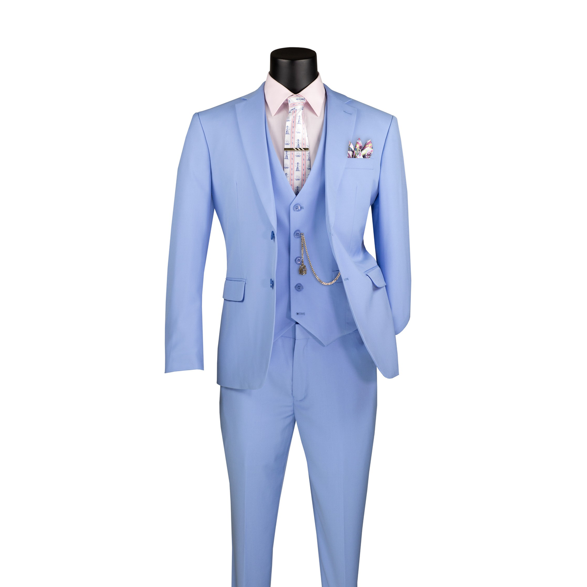 Light blue three-piece suit with a two-button notch-lapel jacket, matching vest and trousers, front view.