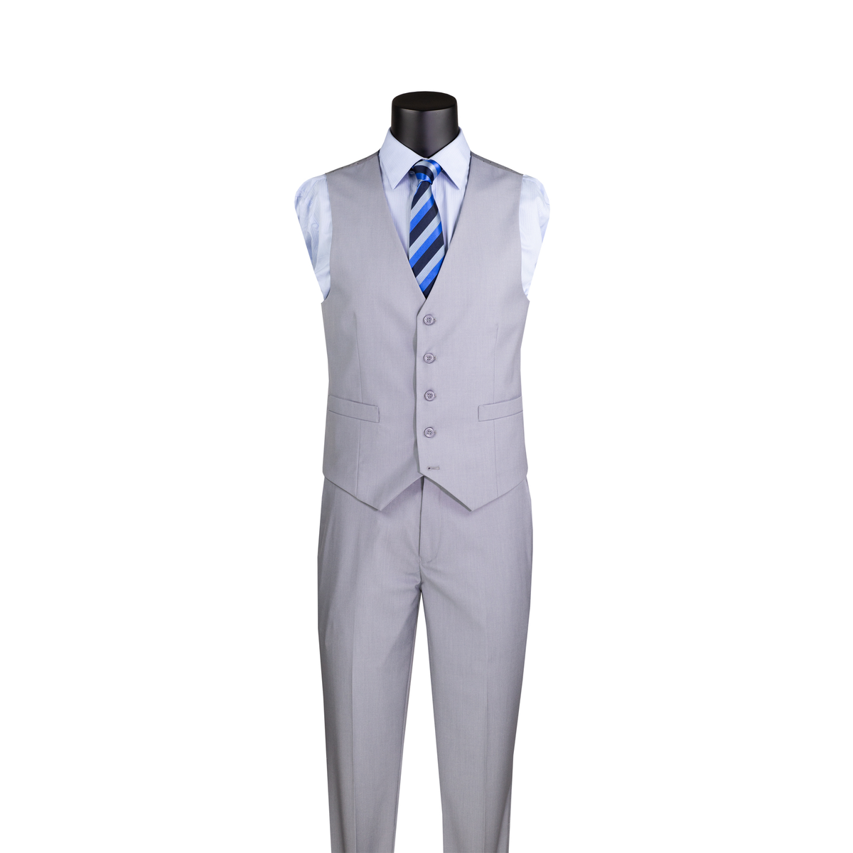 Light gray V-neck button-front vest with matching trousers, shown without the suit jacket.