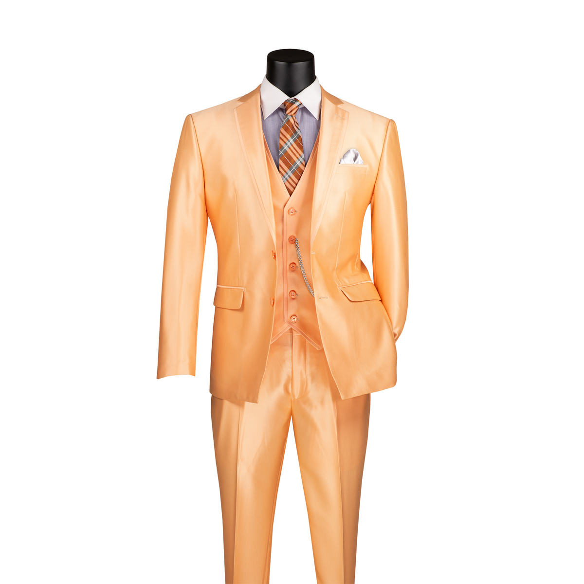 Melon orange satin-look three-piece suit with notch lapels, a matching vest and trousers, front view.