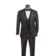 Black 3-Piece Satin Trimmed Lapel Single Breasted Slim Fit Suit