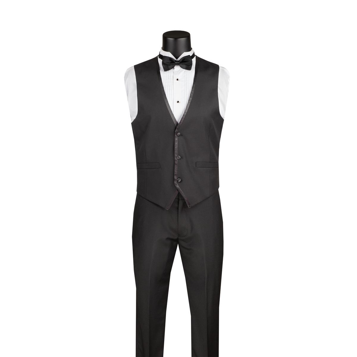 Black V-neck button-front vest with matching trousers, shown without the suit jacket.
