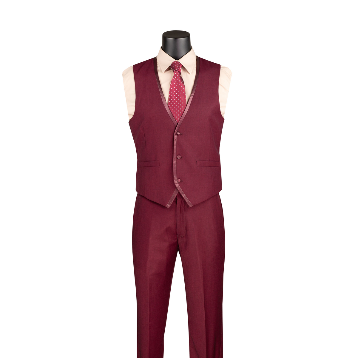 Burgundy V-neck button-front vest with matching trousers, shown without the suit jacket.