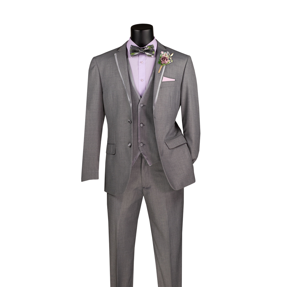 Light grey three-piece suit with satin-trimmed notch lapels, matching vest and trousers, front view.