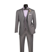 Light Grey 3-Piece Satin Trimmed Lapel Single Breasted Slim Fit Suit