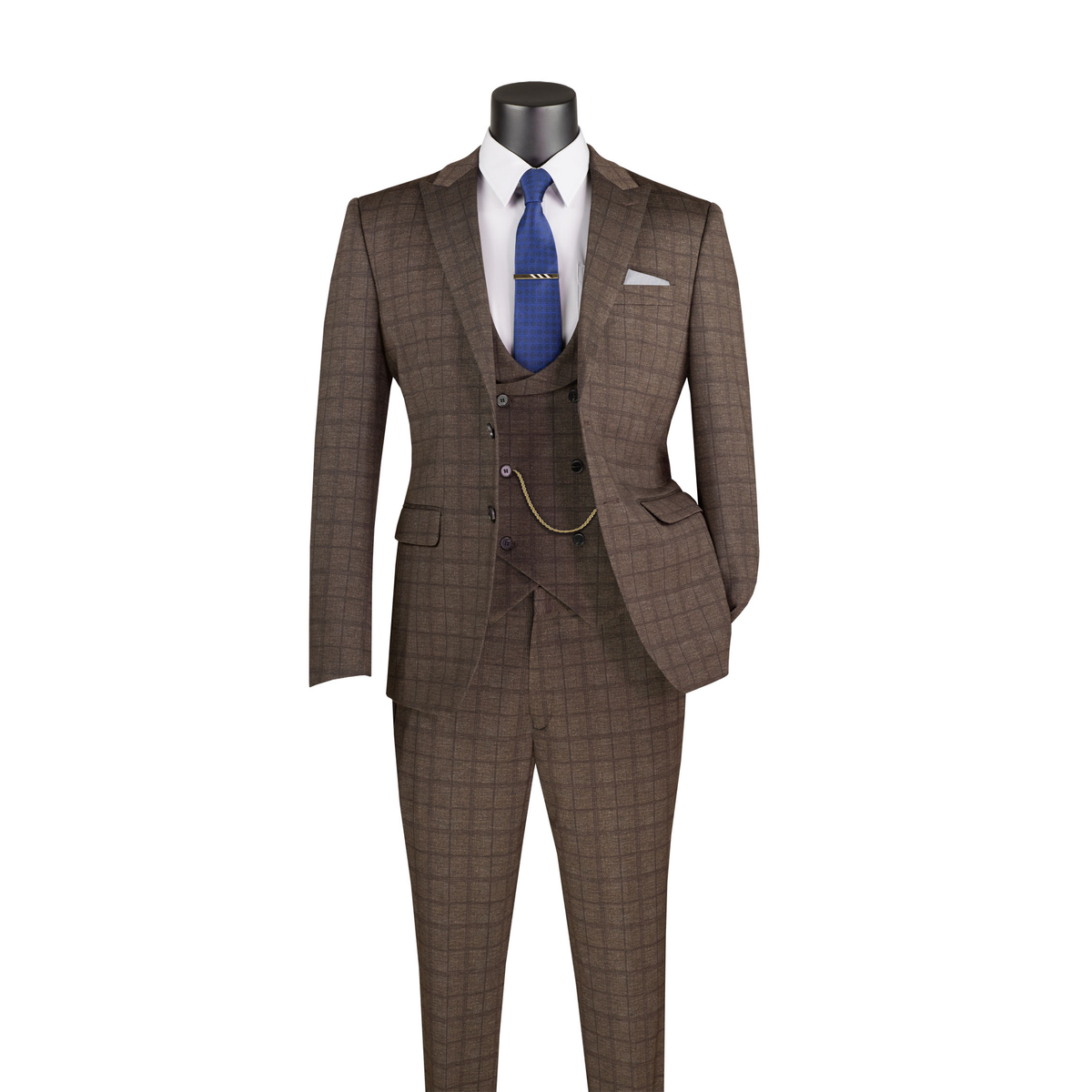 Brown Glen plaid three-piece suit with peak lapels, a double-breasted vest and matching trousers, front view.