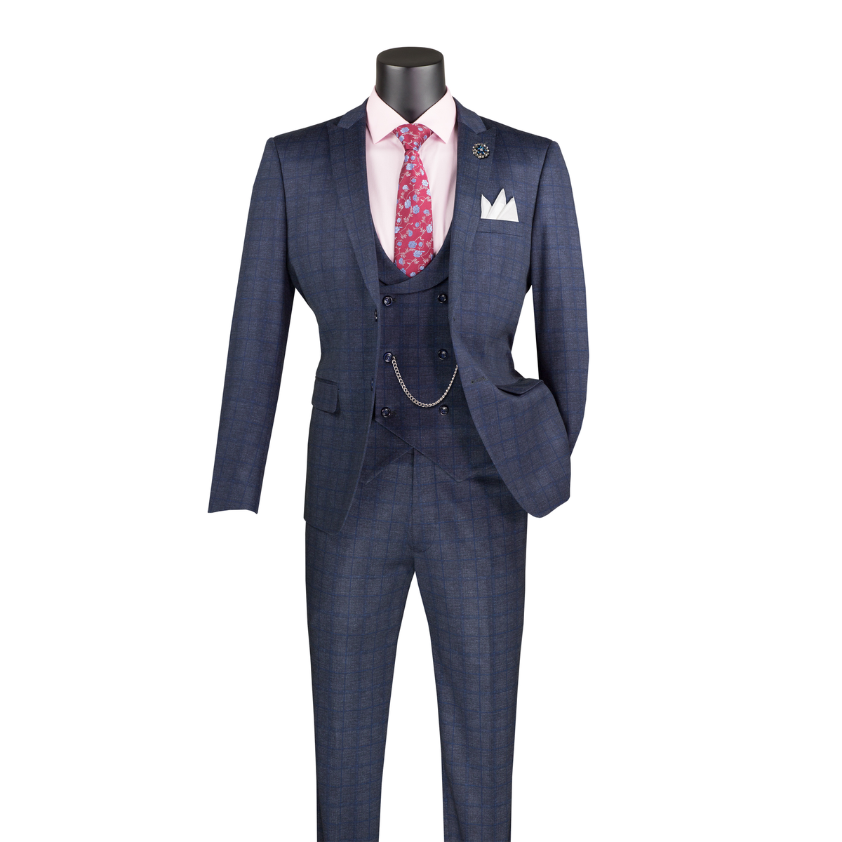 Navy Glen plaid three-piece suit with peak lapels, a double-breasted vest and matching trousers, front view.