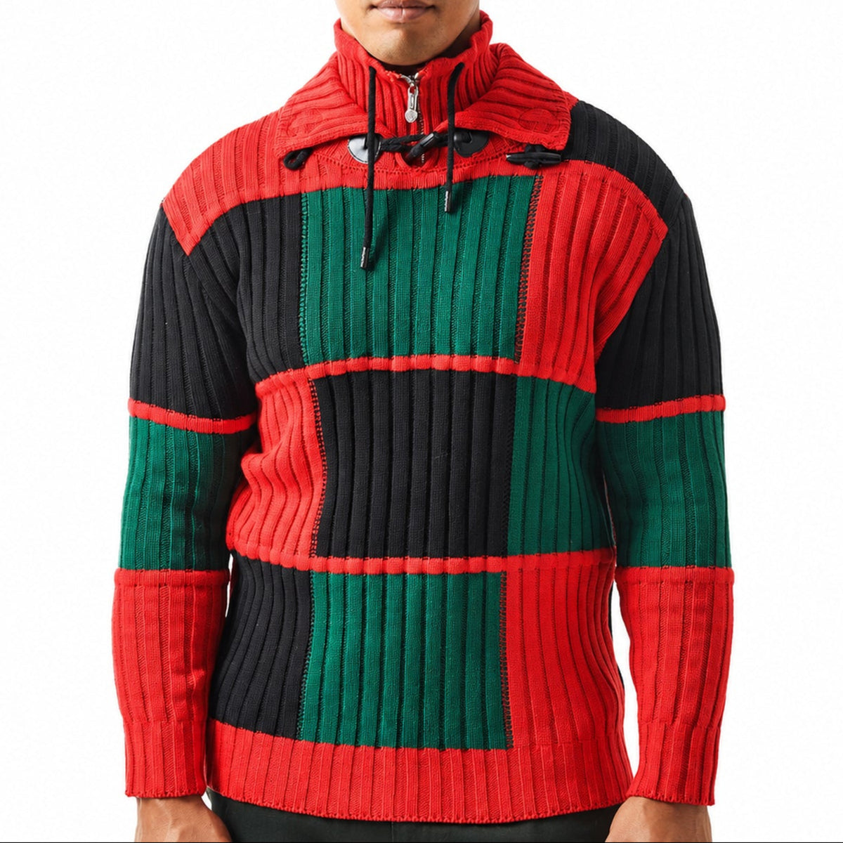 men’s green and red geo square quarter zip pullover sweater