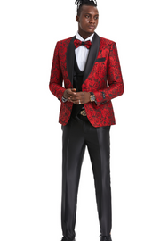 Exquisite Collection: Men's Paisley Shawl Collar 3-Pc Suit In Red/black- Slim Fit