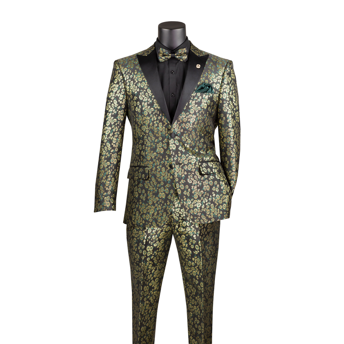 Emerald and gold floral jacquard tuxedo with black shawl lapels and matching patterned trousers, front view.