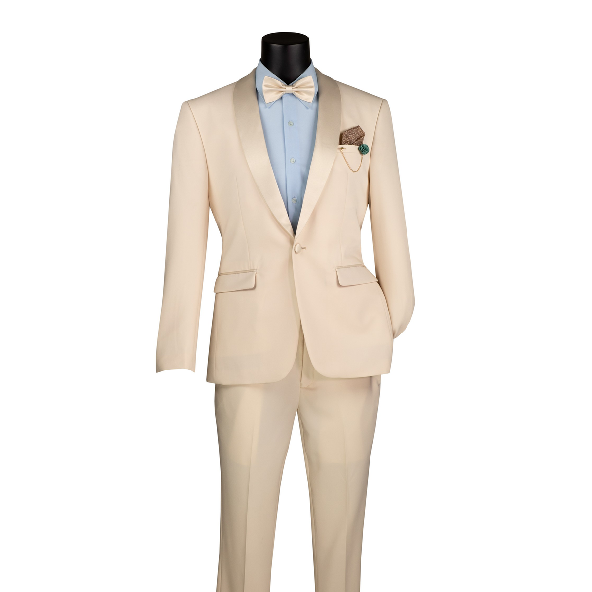 Champagne tuxedo with satin shawl lapels, a single-button jacket and matching trousers, front view.