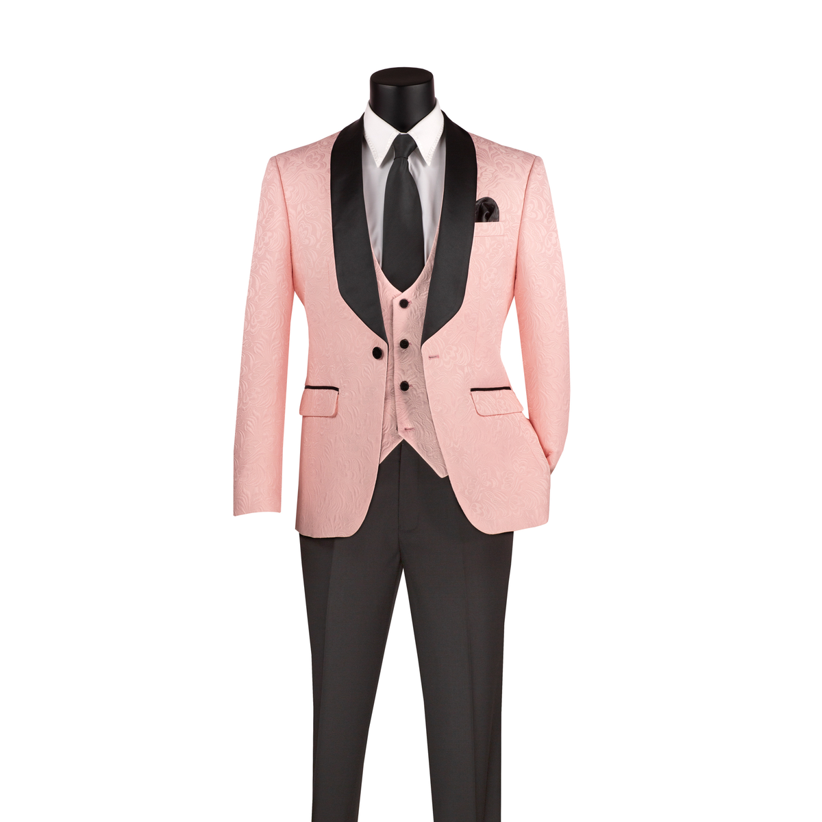 Pink jacquard tuxedo jacket with black shawl lapels, a pink vest and black trousers, front view.