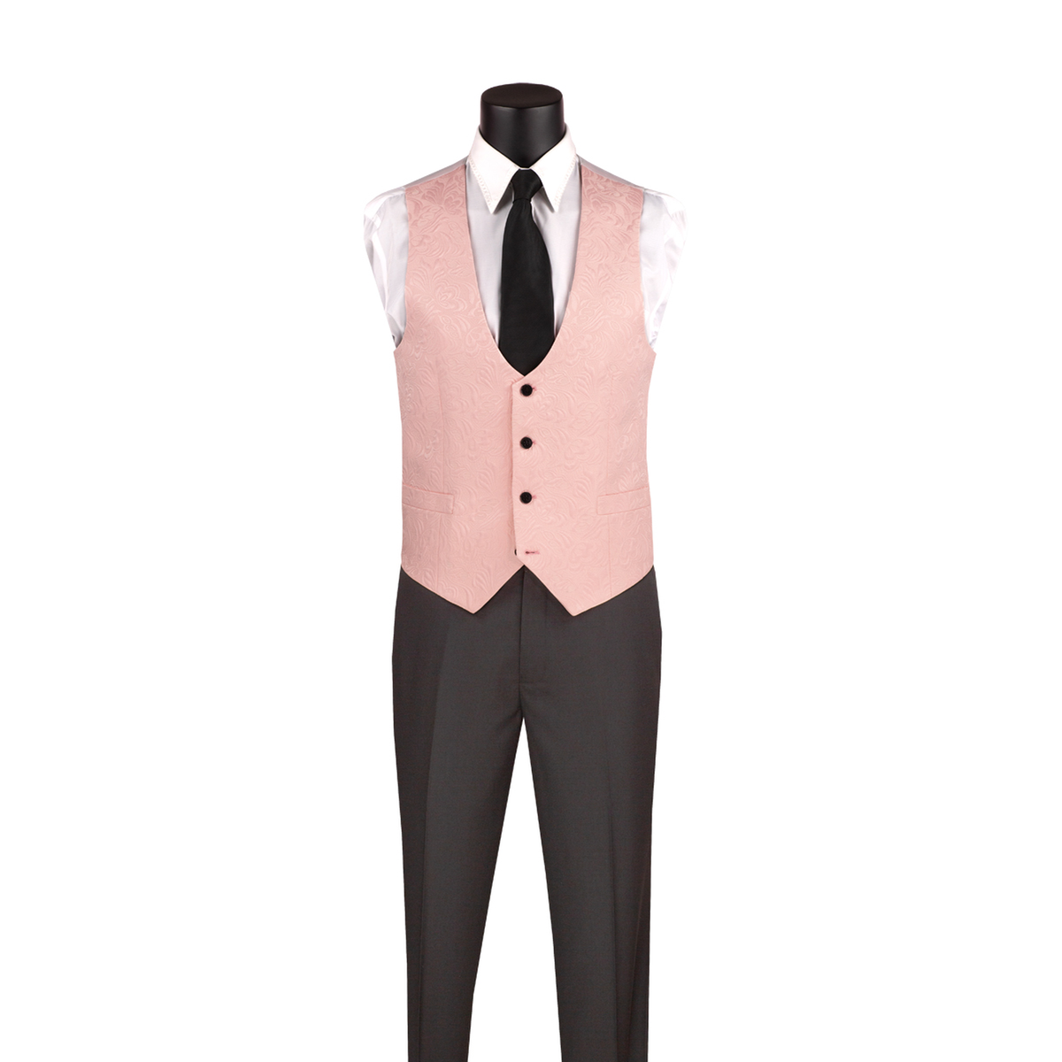 Pink jacquard vest with a rounded neckline and black buttons, shown with black trousers.