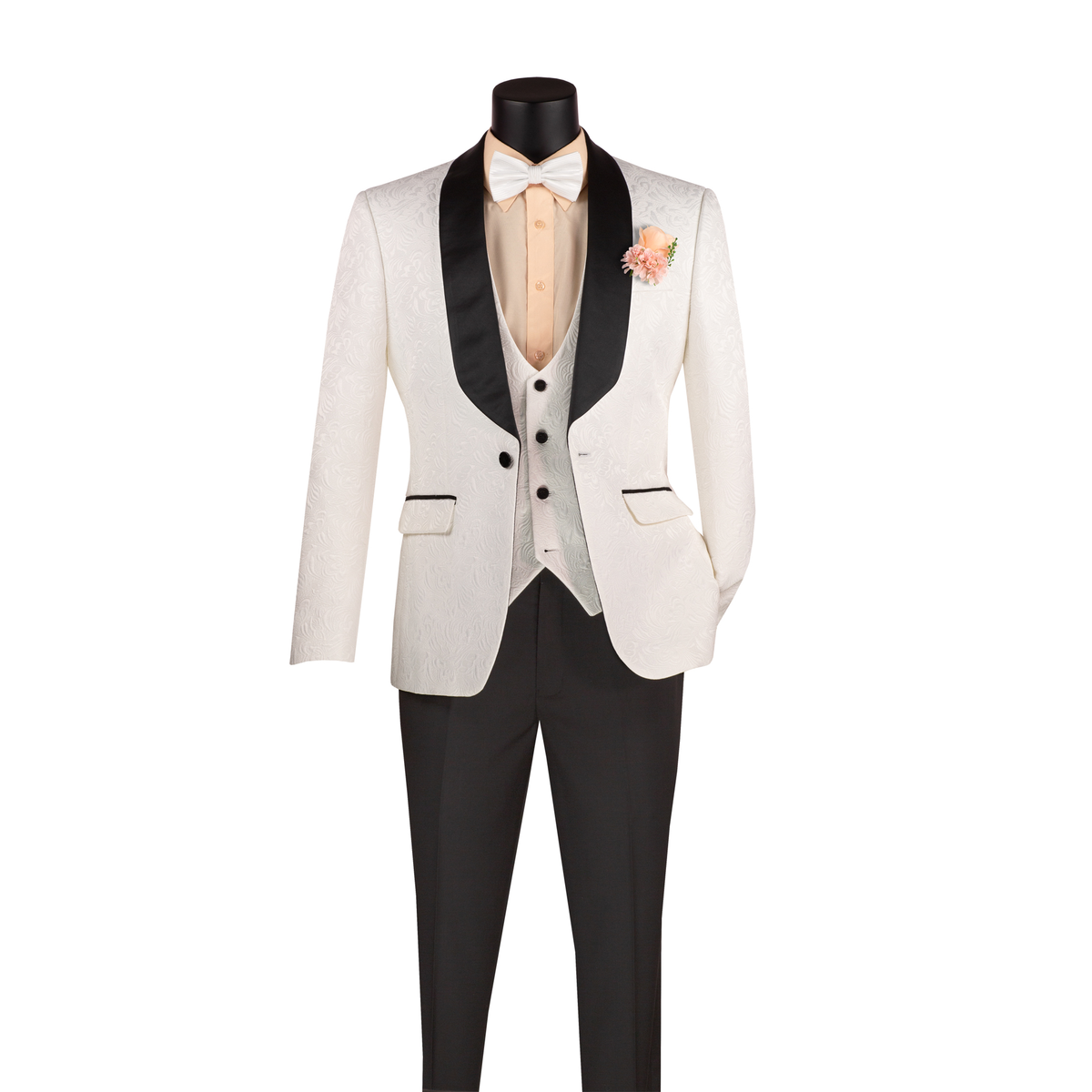White jacquard tuxedo jacket with black shawl lapels, a white vest and black trousers, front view.