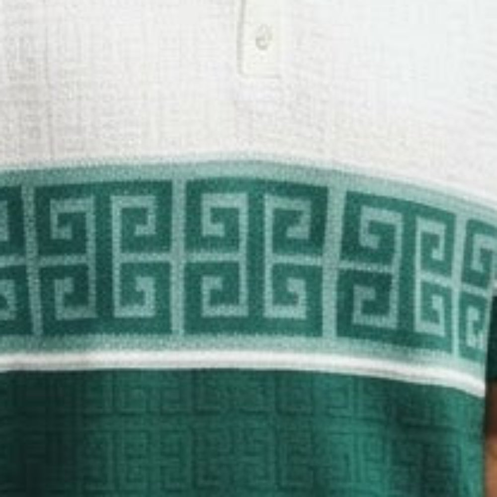 close-up of green knit polo shirt with greek key border pattern