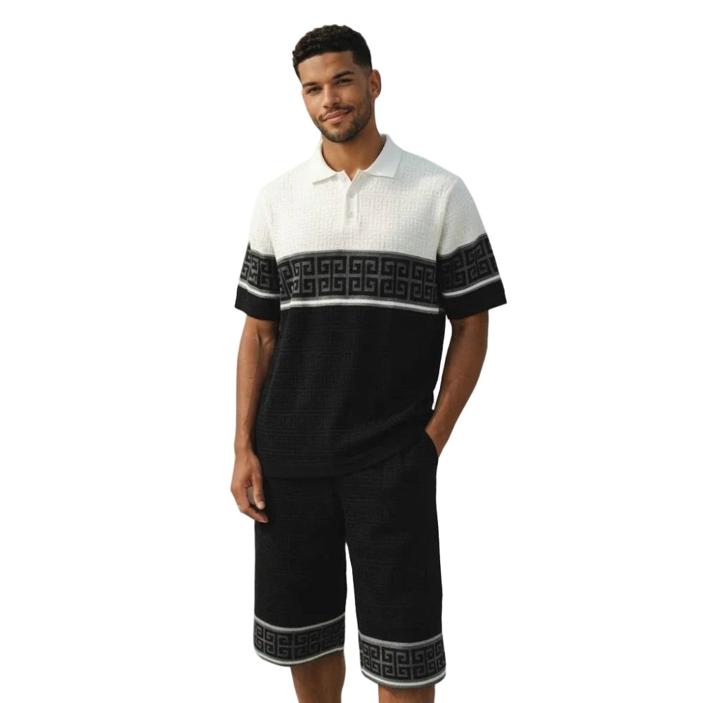 white greek key knit polo and shorts set by stacy adams