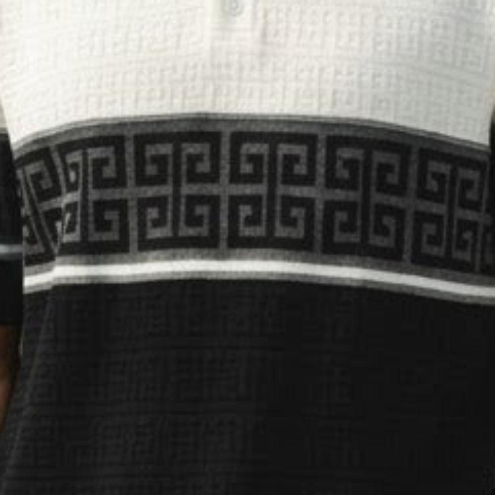 close-up of white knit polo shirt with greek key border pattern