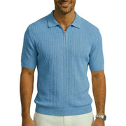 Blue Textured Knit Zip Polo Shirt by Stacy Adams