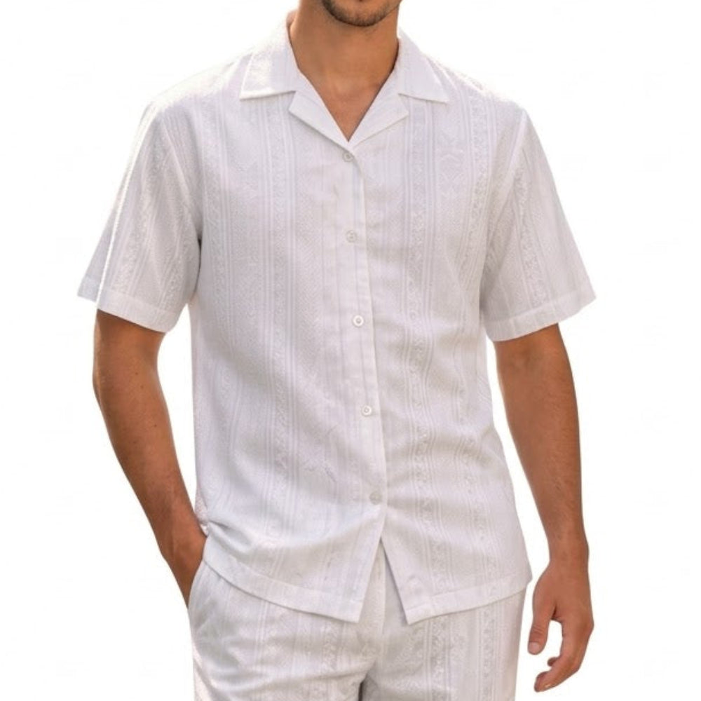white jacquard short sleeve walking suit set with matching pants