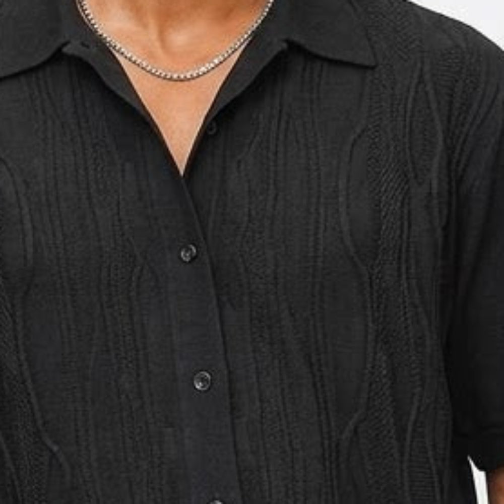 black textured knit walking suit shirt detail