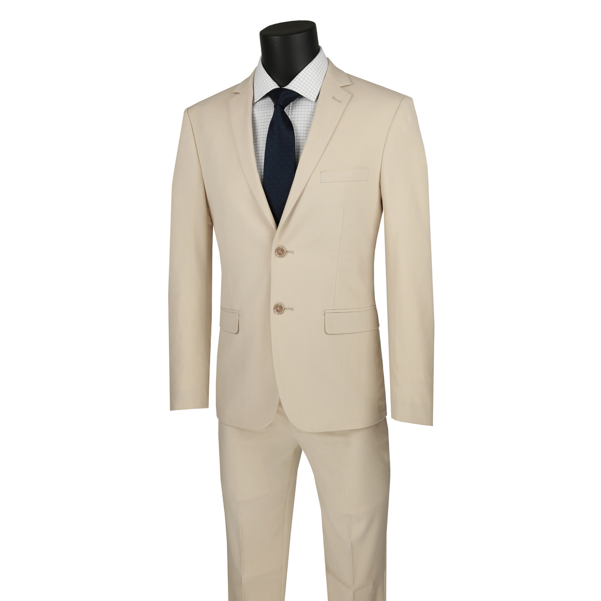 Beige ultra-slim-fit suit with a two-button notch-lapel jacket and matching trousers, front view.