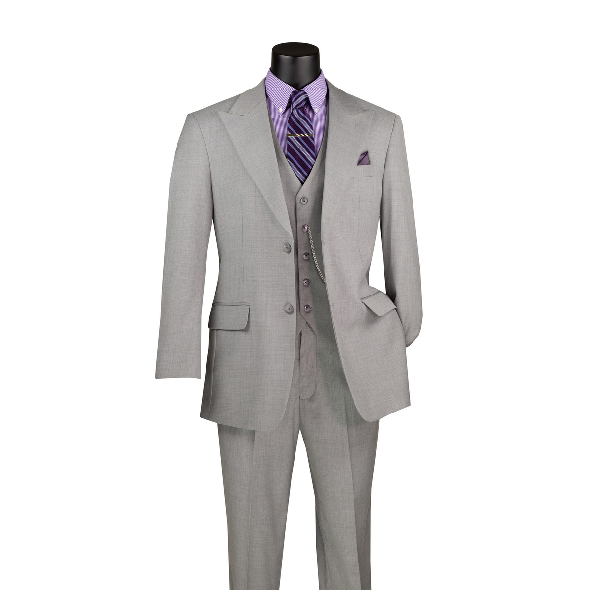 Light gray textured three-piece suit with peak lapels, a matching vest and trousers, front view.
