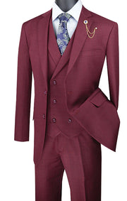 3-Piece Regular Fit Glen Plaid Suit with Notch Vest - Burgundy