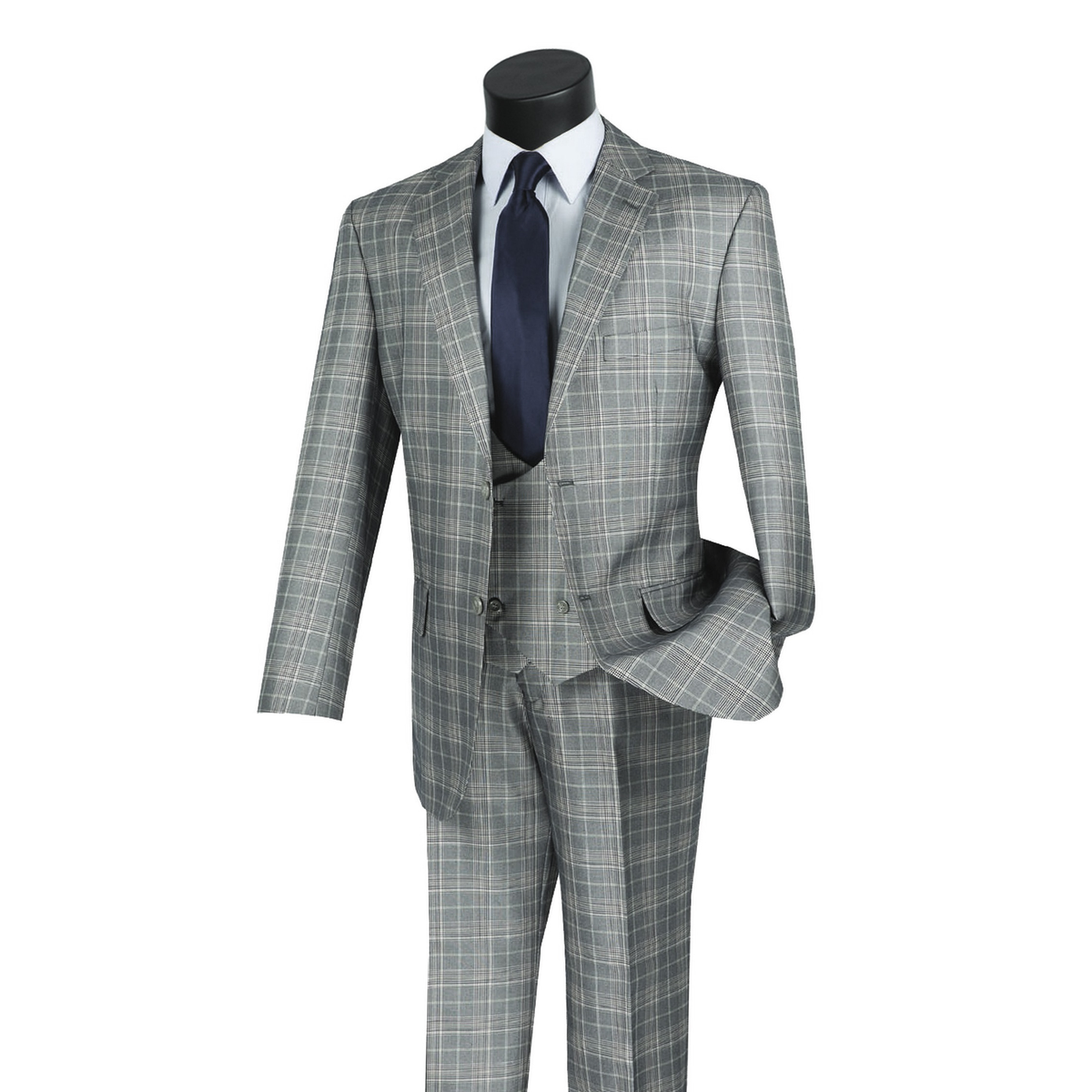 Gray Glen plaid three-piece suit with a matching double-breasted vest and trousers, front view.