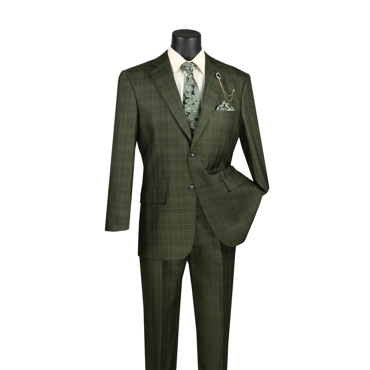 Olive Glen plaid three-piece suit with a matching double-breasted vest and trousers, front view.