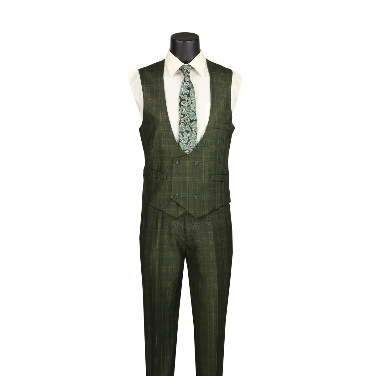 Olive Glen plaid double-breasted vest with matching trousers, shown without the suit jacket.