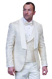 3-Piece Modern Fit Tuxedo with Satin Side Stripe Pants and Bow Tie - Off White