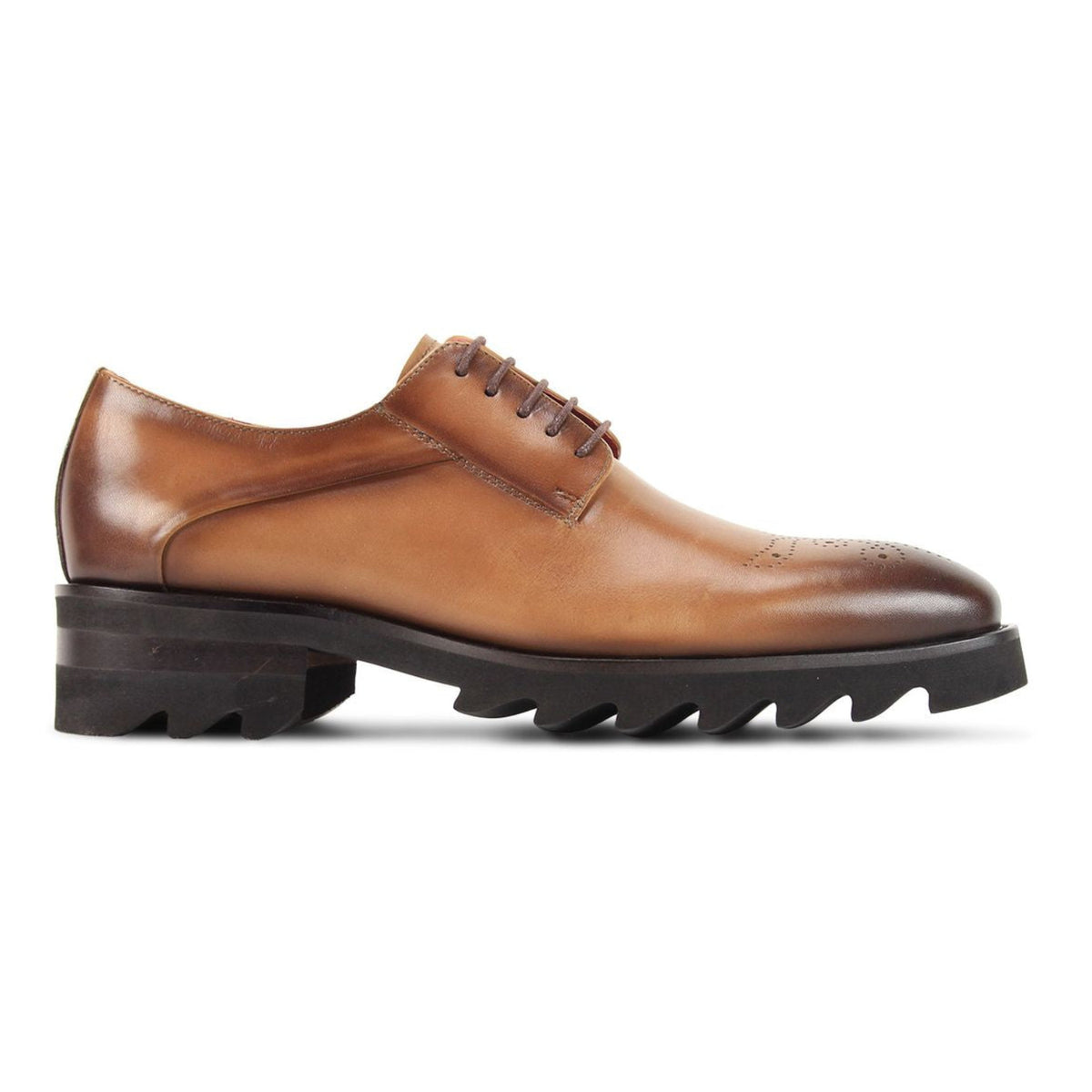 Peanut brown brogue medallion toe dress shoe with lightweight lug outsole side view