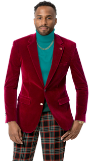Men’s Velvet Blazer Single-Breasted 2-Button Modern Fit - Red