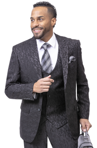 Black Solid Textured Tone On Tone Three Piece Regular Fit Fashion Suit M2763