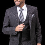 Rosette Collection: Black Solid Textured Tone On Tone Three Piece Regular Fit Fashion Suit