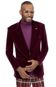 Men’s Velvet Blazer Single-Breasted 2-Button Modern Fit - Burgundy