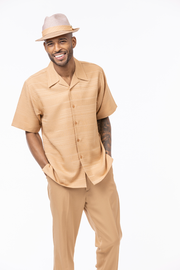 Men's 2-Piece Tone-on-Tone Striped Short Sleeve Walking Suit Set - Tan