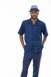 Men's 2-Piece Tone-on-Tone Striped Short Sleeve Walking Suit Set - Navy