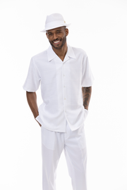 Men's 2-Piece Tone-on-Tone Striped Short Sleeve Walking Suit Set - White